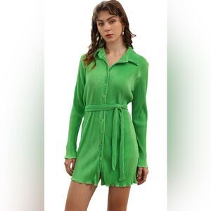 Women’s Long Sleeve Botton Down Tie Waist Plisse Mini Dress In Green Size L NWT